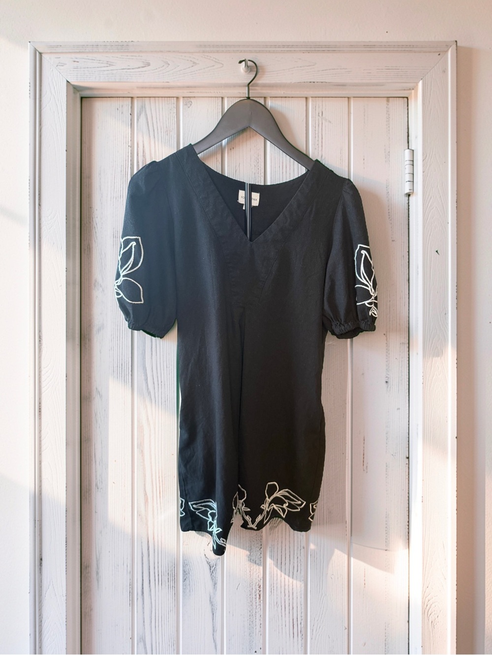For Cynthia Black V-Neck Tunic with White Floral Embroidery